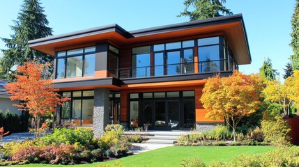Fototapeta premium Modern house with large windows, a balcony, and a stone pillar surrounded by lush greenery and a manicured lawn.