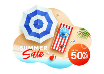 Summer sale, beach umbrella, beach bed, poster flyer design on sand beach background, Eps 10 vector illustration