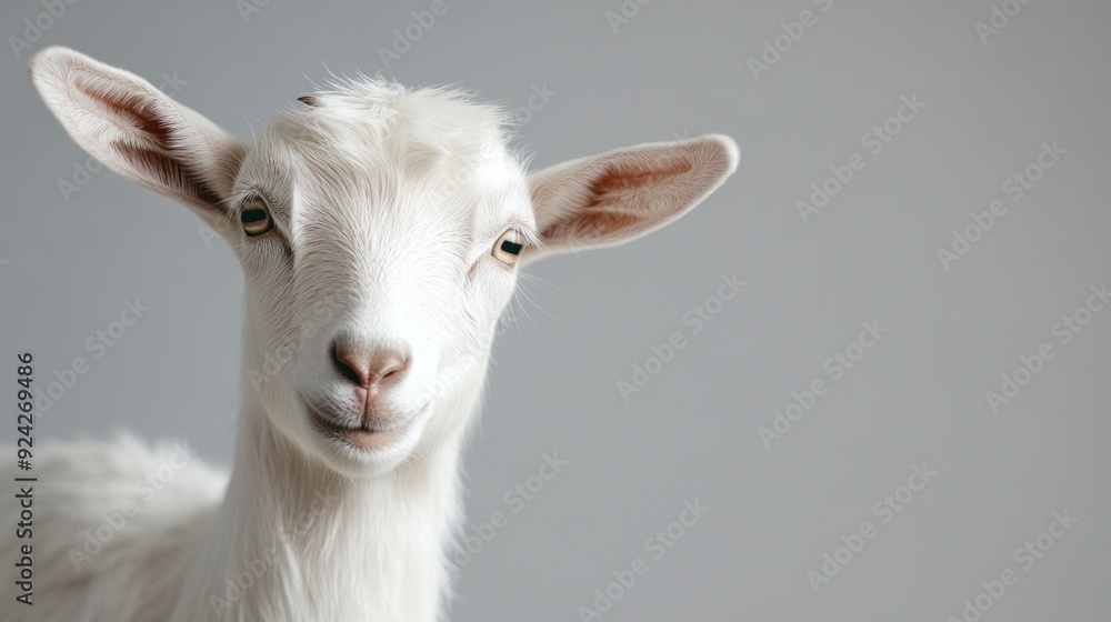 Poster Close-up portrait of a white goat with bright eyes and a curious expression.