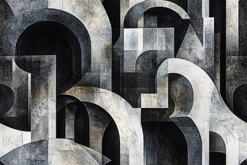 Abstract geometric design featuring layered shapes and textures in monochrome tones.