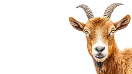 A close-up of a brown goat with long horns looking directly at the camera.