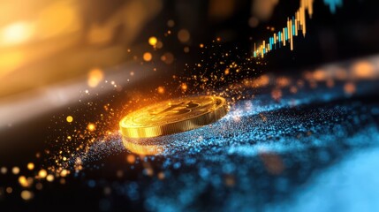 Golden Bitcoin on Digital Background with Sparkling Lights and Rising Graph