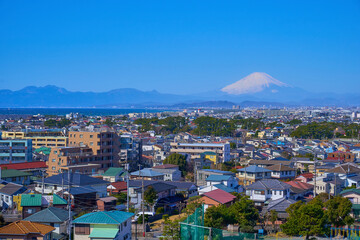 Fototapeta premium 神奈川県藤沢市片瀬山5丁目付近から西側の街並み(片瀬市街,富士山など)を見る