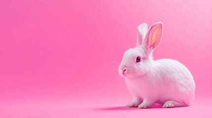 Fototapeta premium Cute white bunny rabbit on a pink background.