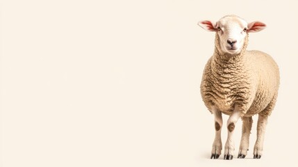 Obraz premium A sheep with a fluffy white coat stands on a white background and looks directly at the camera.