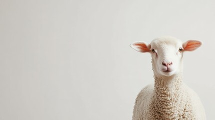 Fototapeta premium A white sheep with brown ears looking directly at the camera on a light background.