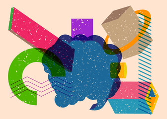 Risograph Speech Bubble with geometric shapes. Objects in busy riso graph print texture style design with geometry elements.