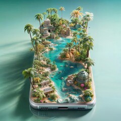 A surreal image of an exotic island with lush greenery, waterfalls, and architecture emerging from a smartphone, blending nature and technology..