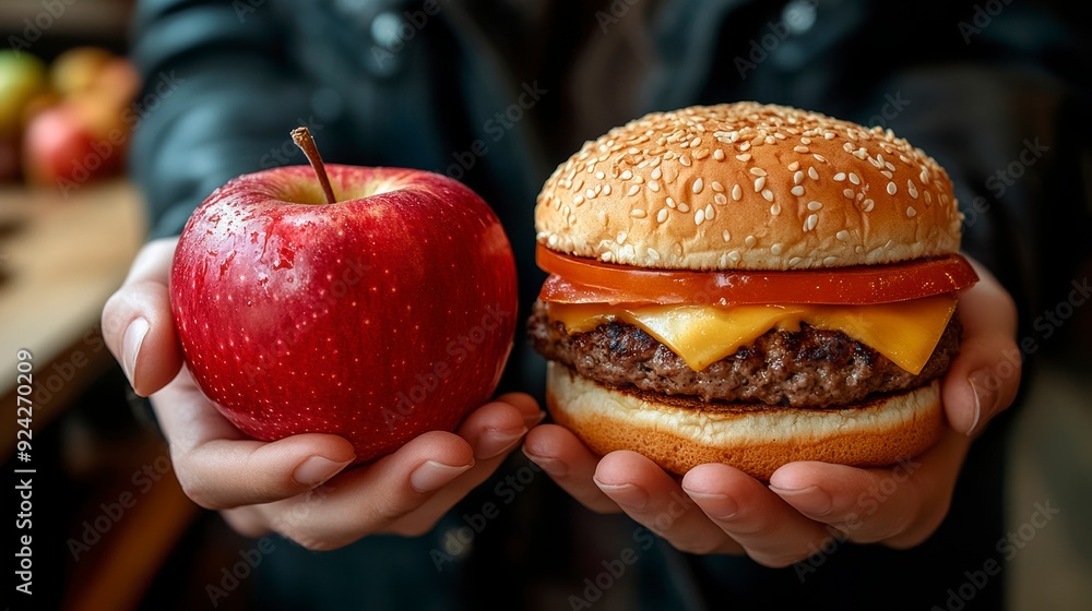 Poster a person choosing between healthy and unhealthy food highlights the difference in eating habits.