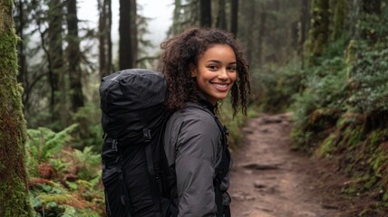 portrait of a teenage african american female in hiking gear on a trail