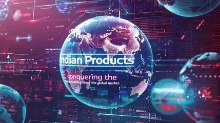A futuristic digital visualization of the Earth, highlighting global connections and market trends with neon graphics and data overlays..