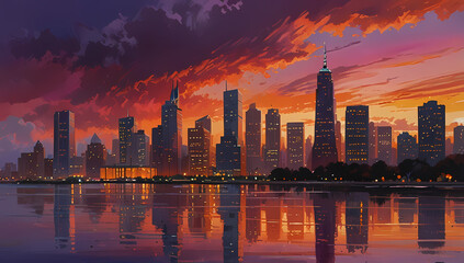 Fototapeta premium abstract colorful waterfront cityscape skyline modern city urban reflected in a lake orange cloudy