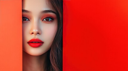 Woman with red lipstick looking at camera behind a red wall.