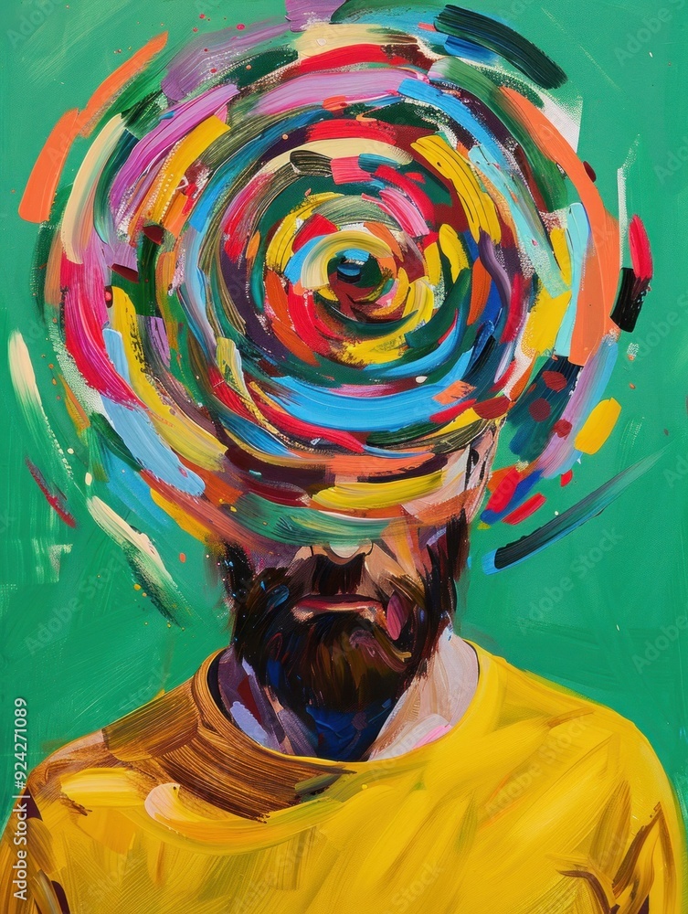 Poster abstract portrait of a man with colorful swirls on green background exploring the intersection of ar