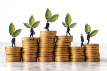 Economic growth concept with plants growing on stacks of coins symbolizing sustainable and organic financial growth