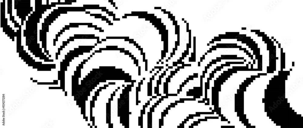 Poster pixelated undulate wave shape. black dither wreathed textured background. dotted fluid curvy form fo