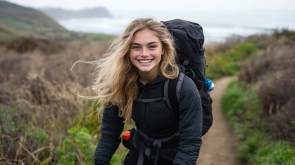 portrait of a teenage female in hiking gear on a trail