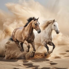 Two horse run free in desert sand