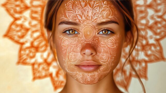 A woman with intricate henna patterns on her face, looking at the camera with a serene expression.