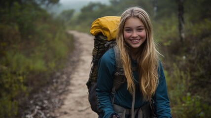 portrait of a teenage female in hiking gear on a trail