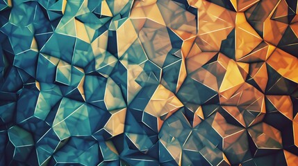 An abstract, textured background featuring angular shapes in blue and orange hues.