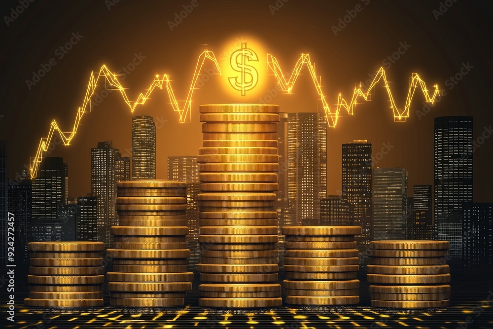 Aufkleber golden coin stacks with financial graphs in the background symbolizing wealth accumulation and strat