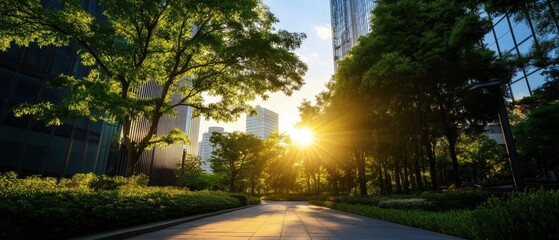 Obraz premium Sunlit Urban Park Pathway with Modern Skyscrapers in the Background on a Bright Summer Day