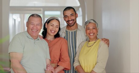Smile, senior parents and daughter or son with love, bonding and laugh in living room of home. Happy family, women and men with embrace in lounge of house for care, reunion or visit on a weekend