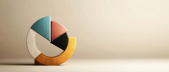 Modern Minimalist Pie Chart Sculpture with Colorful Segments on Neutral Background