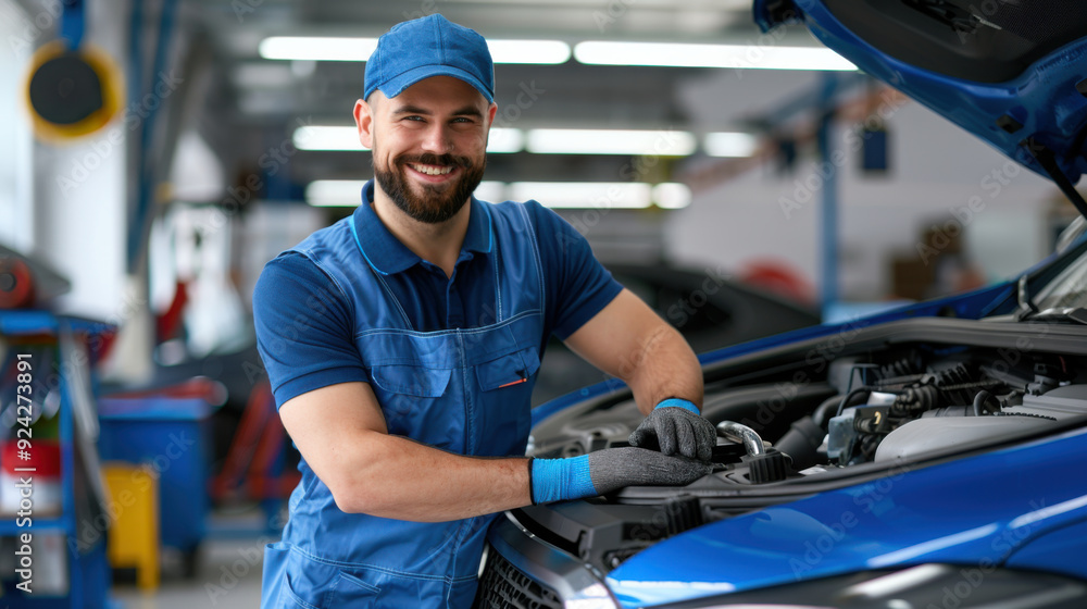 Poster a cheerful mechanic in a blue uniform smiling confidently while working on a car engine in a modern 
