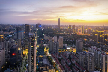 Captivating Aerial Cityscape at Sunset with Skyline and Urban Life