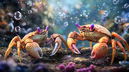 Fototapeta premium Charming Animated Crabs Scuttling on a Rocky Seafloor: A Vibrant Ocean Encounter Perfect for a Sporty Interior Poster or Ocean-Themed Decor