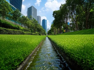 Fototapeta premium Modern Urban Park with Lush Greenery and Water Stream in the Heart of a City with Skyscrapers