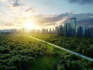Sunset Over Modern City Skyline with Lush Green Forest and Road in Foreground