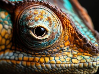Naklejka premium Close-Up of a Colorful Reptile Eye with Detailed Scales and Vibrant Patterns
