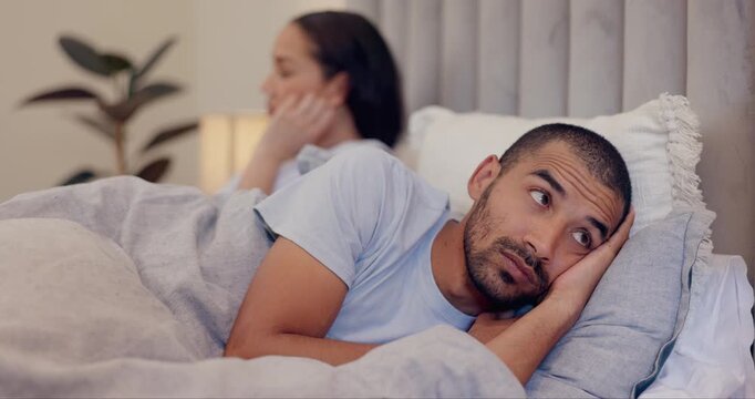 Man, thinking or couple divorce in bed with stress problem, breakup crisis or toxic abuse in home. Infertility, frustrated or angry people in conflict for cheating affair, marriage drama or fight