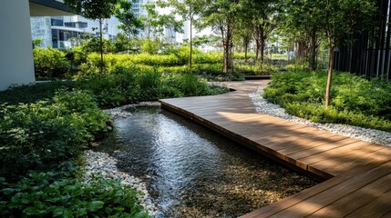 Obraz premium Serene Modern Garden with Wooden Pathway and Stream Surrounded by Lush Greenery in Urban Setting
