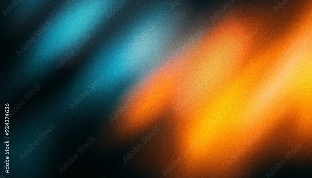Poster a vibrant abstract image with contrasting hues of blue and orange blending softly into a dark backgr