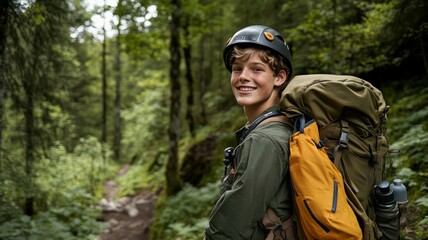 Fototapeta premium portrait of a teenage male in hiking gear on a trail