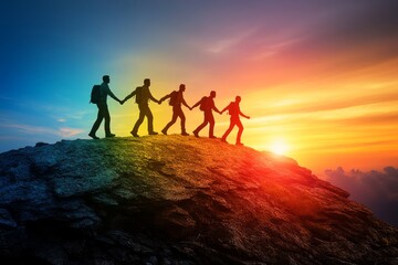 Fototapeta premium Vibrant group of friends enjoying a breathtaking sunset from a mountain peak