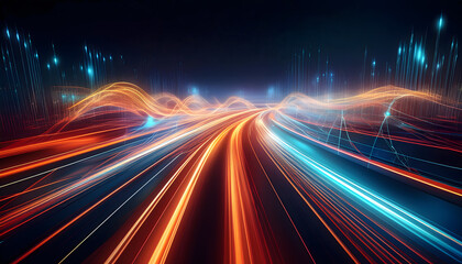 Obraz premium A vibrant display of light trails from fast-moving cars on a city highway at night