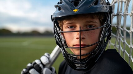 portrait of a teenage male Lacrosse player with field in behind them