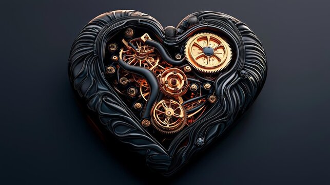 Craft a 3D model of a steampunk inspired clockwork heart , ultra sharp and clear bright