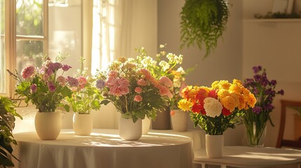 Elegant Flower Shop Interior Display with Colorful Blooms, Vases, and Soft Sunlight Illuminating Detailed Textures in Warm Tones