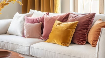 A chic and modern space with a white sofa topped with a mix of velvet cushions in shades of dusty rose and mustard.
