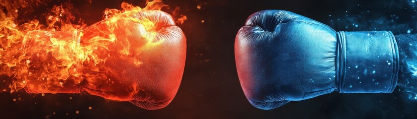 Dynamic image of boxing gloves, one engulfed in fire and the other in ice, symbolizing fierce competition and contrasting styles.