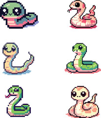 set collection cute emoticon snake pixel art