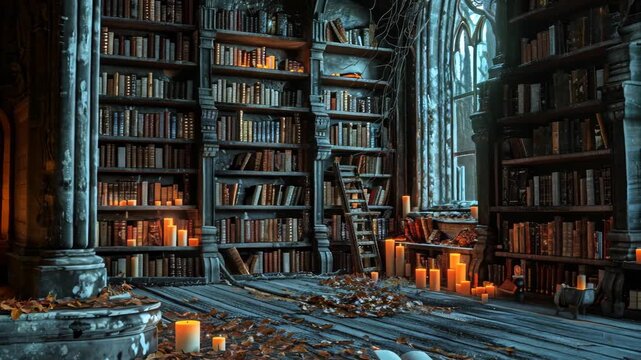 vintage old wooden library, old books in library