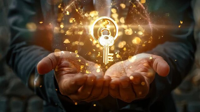 Business man holding golden key with sparkle, new opportunities and good luck in business