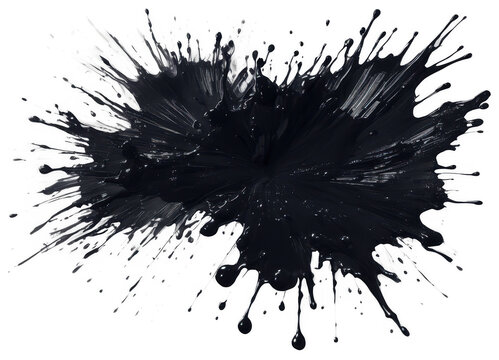 Abstract black ink splash, chaotic pattern isolated on transparent background